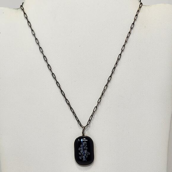 Black Fused Dichroic Floral Glass Pendant Chain Necklace Silver Tone Vintage - Picture 2 of 8